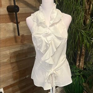 NWT XOXO white belted halter top with pleated ruffle neck, elastic back L